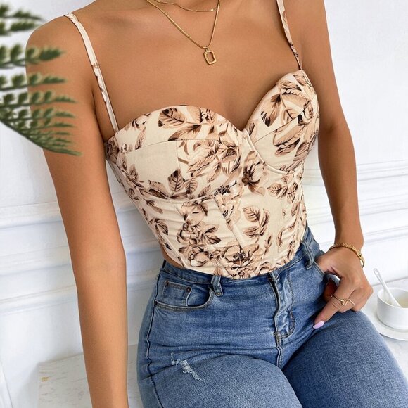 Tops - Multicolor Boho Women's Floral Print Lace Up Back Crop Cami Top